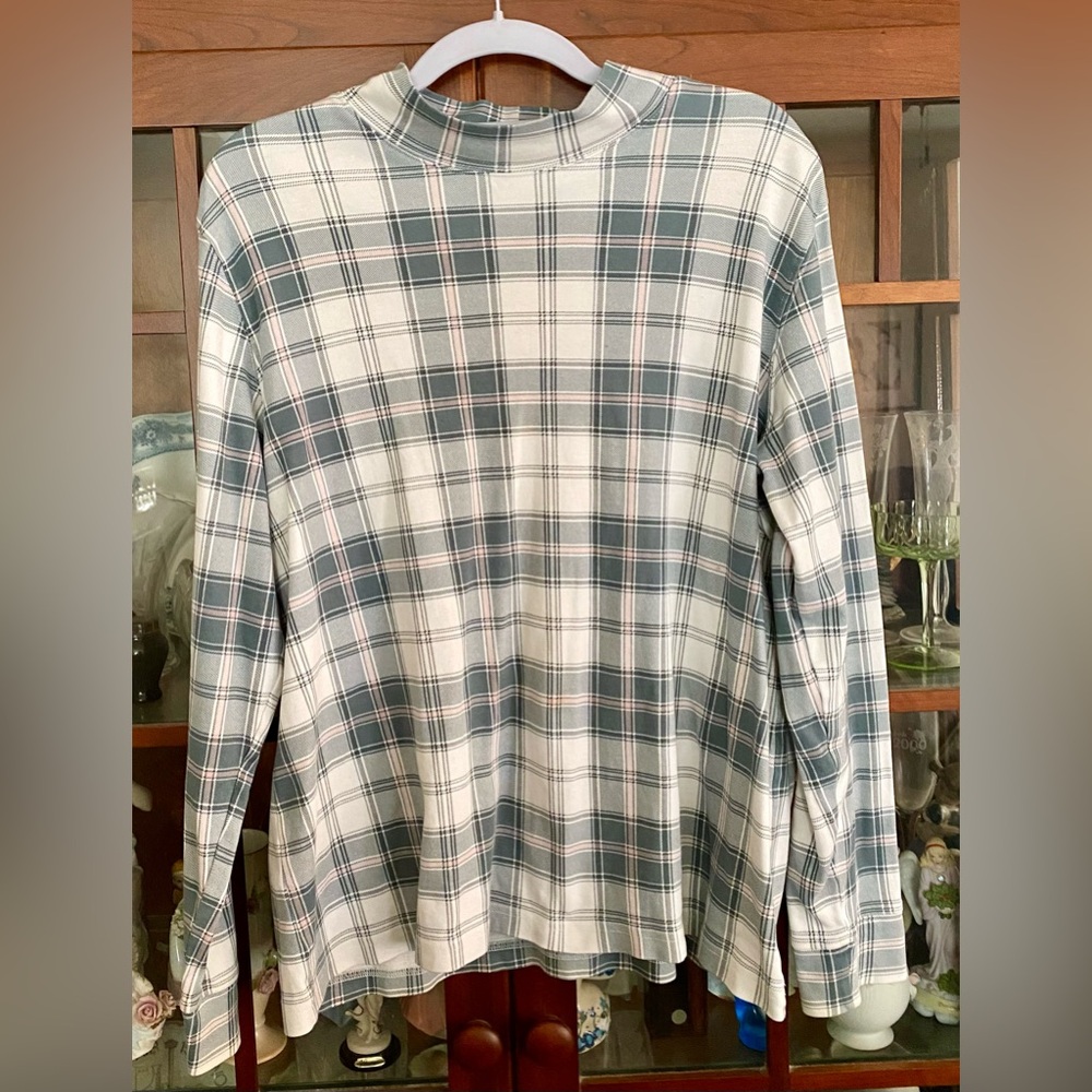 💥BOGO💥 Lands End Mockneck Cotton Top. Size L Blue/Pink/Off white Plaid